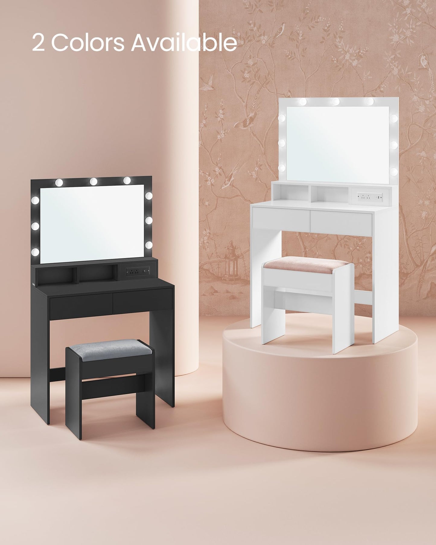 Vanity Desk with Power Outlets, Makeup Vanity with Mirror and Lights, with Upholstered Vanity Stool, 9 Dimmable LED Lights, 2 Compartments, 2 Drawers, for Bedroom, Cloud White URDT029W01