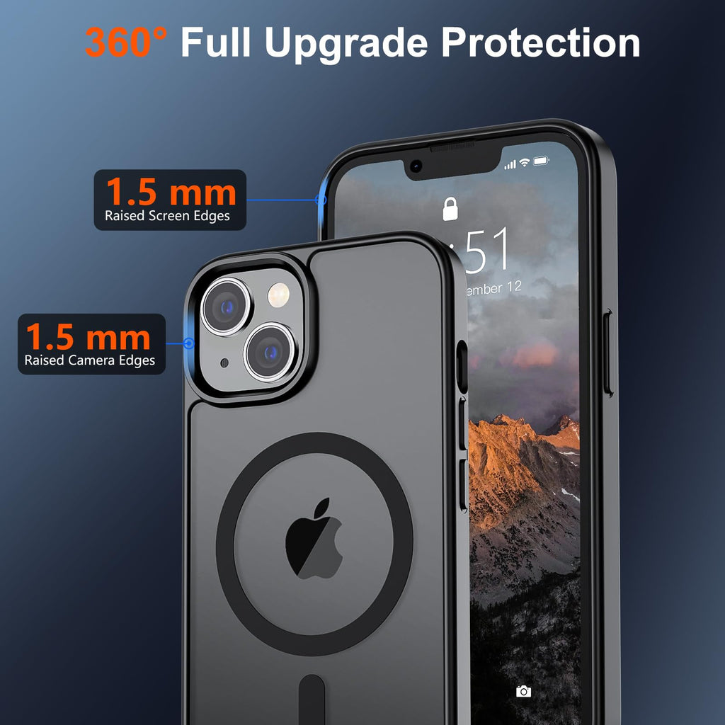 Magnetic for iPhone 14 Case & iPhone 13 Case (Compatible with MagSafe)(Military Grade Drop Protection) Slim Translucent Matte Shockproof Phone Cover,Black