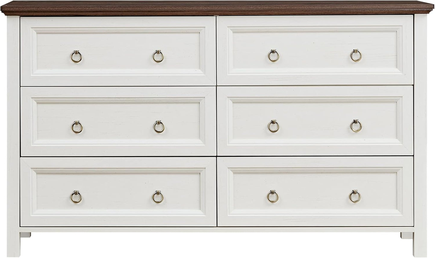 Farmhouse 6 Drawers Dresser Chests, Rustic Wooden Tall Dresser-Closet Organizer w/Round Knobs & Two Tone Color, Large Wood Chest of Drawer for Bedroom Living Room Hallway, Walnut+White
