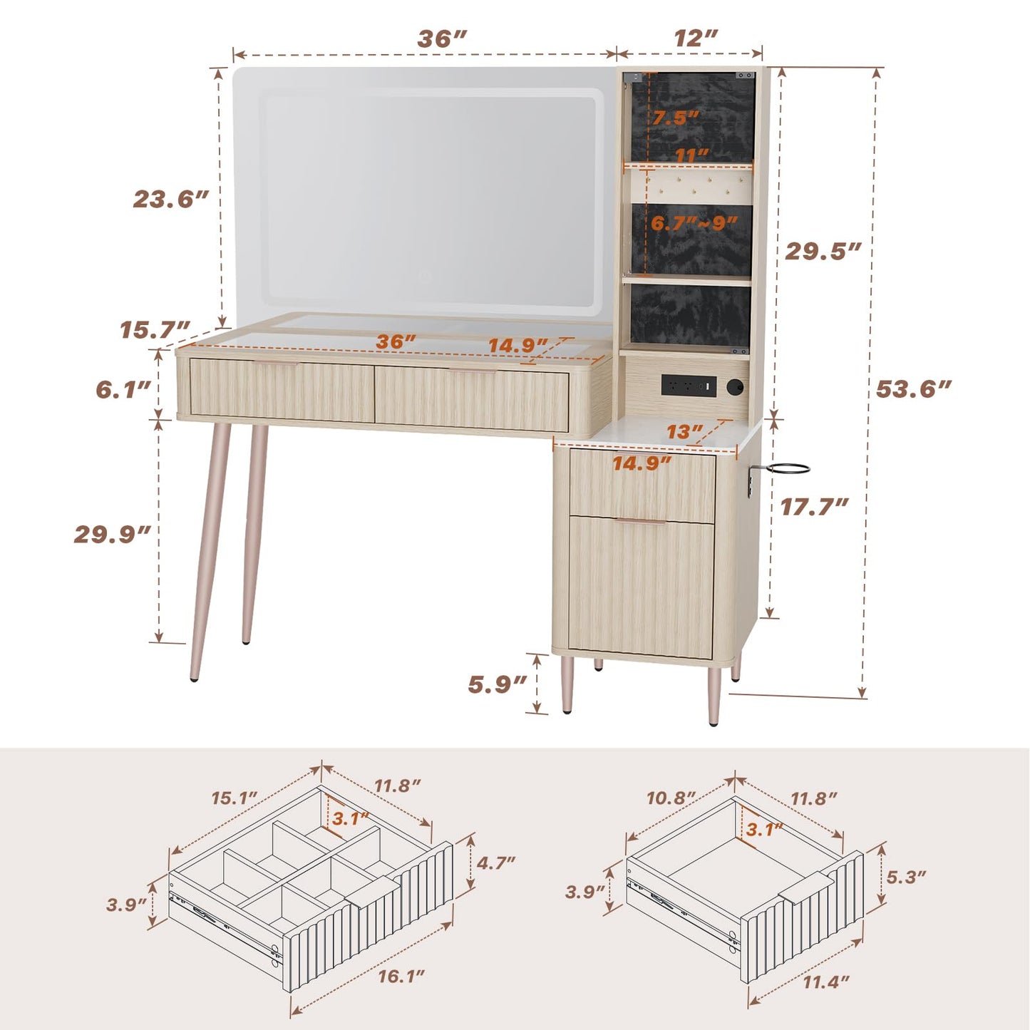 Fluted Makeup Vanity Desk with Mirror and Lights, 3 Color Modes & Adjustable Brightness Dressing Table, Large Vanity Table Set with 3 Drawers & Storage Cabinet for Bedroom, Oak 48"