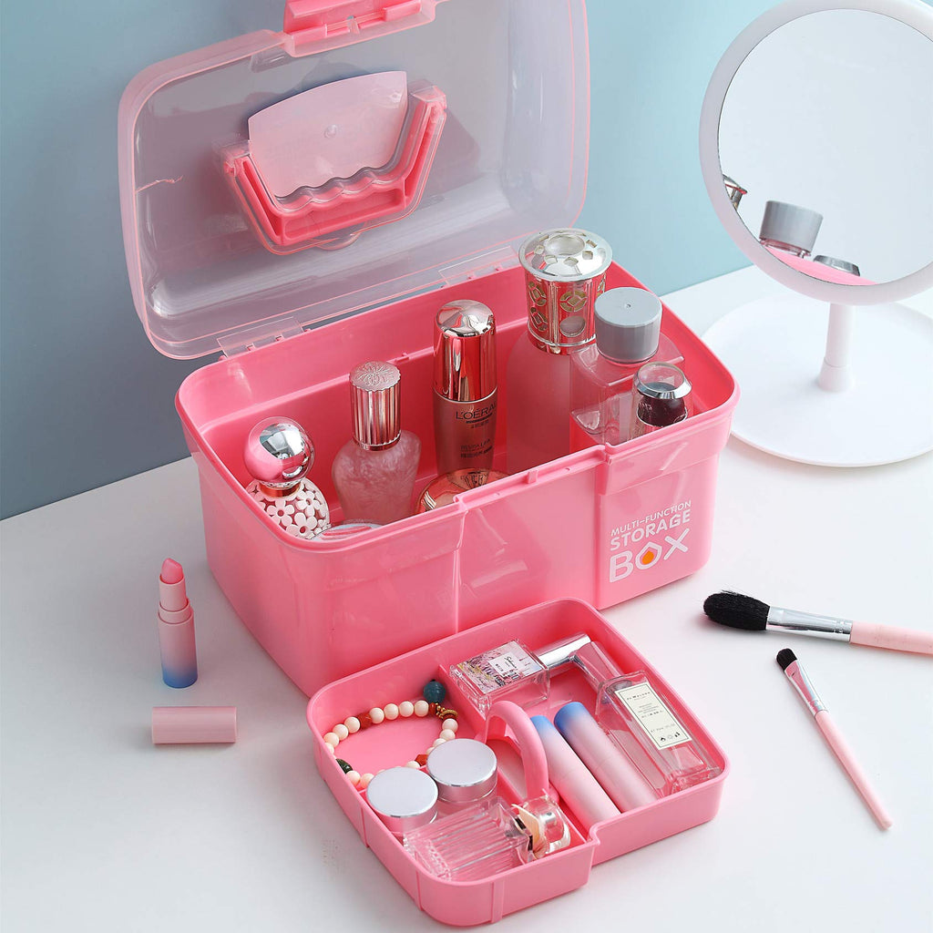 Pink Storage Box with Handle – Versatile Organizer with Removable Tray for Crafts, Tools, and More