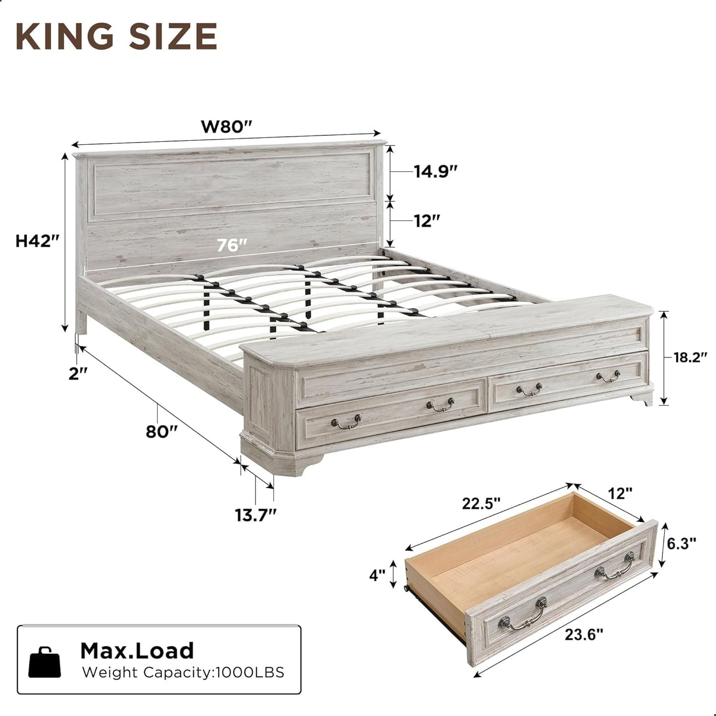 King - Farmhouse Bed with Headboard and Storage Bench - Rustic Wood Platform Bed with Storage Chest and 4 Large Drawers, Distressed White