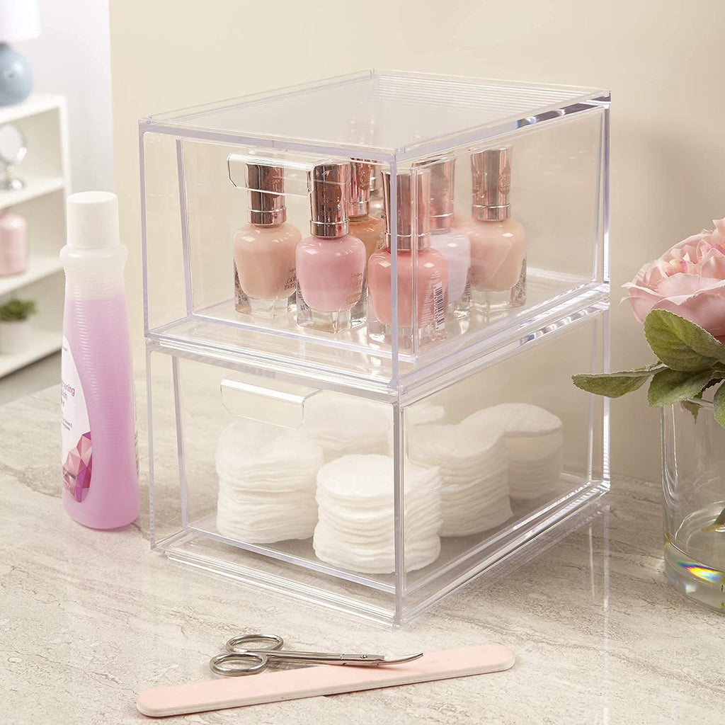 Stackable Clear Bin Plastic Organizer Drawers | 2 Piece Set | Organize Cosmetics and Beauty Supplies on a Vanity | Made in USA