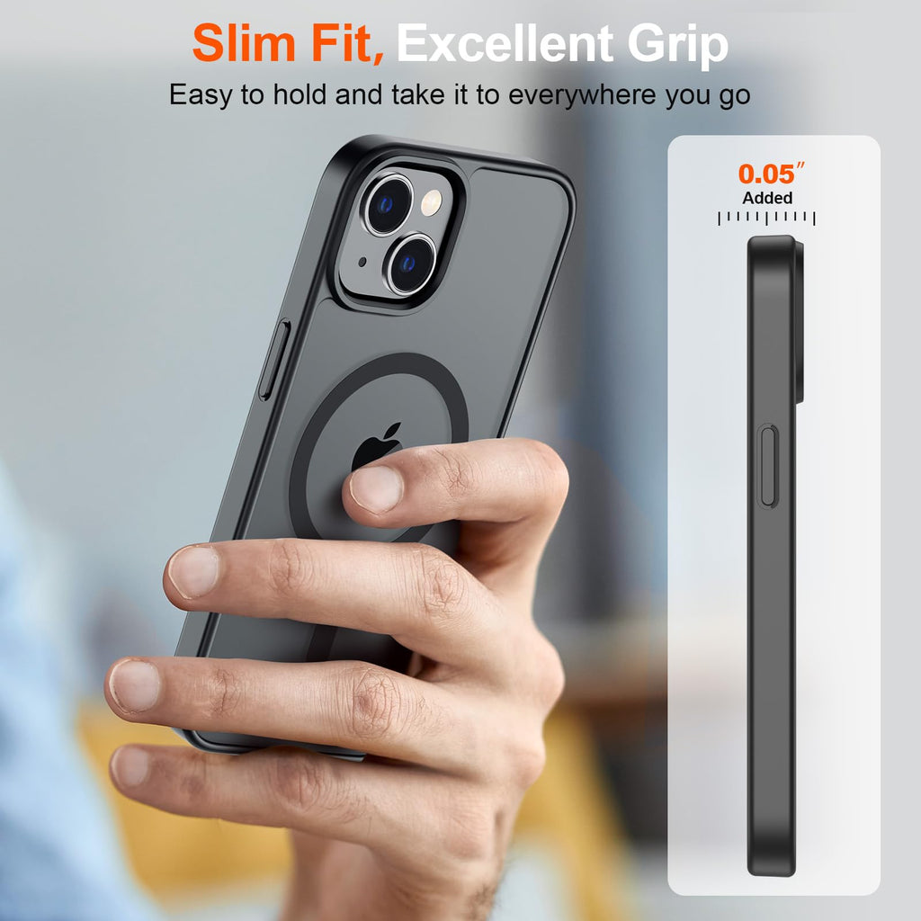 Magnetic for iPhone 14 Case & iPhone 13 Case (Compatible with MagSafe)(Military Grade Drop Protection) Slim Translucent Matte Shockproof Phone Cover,Black