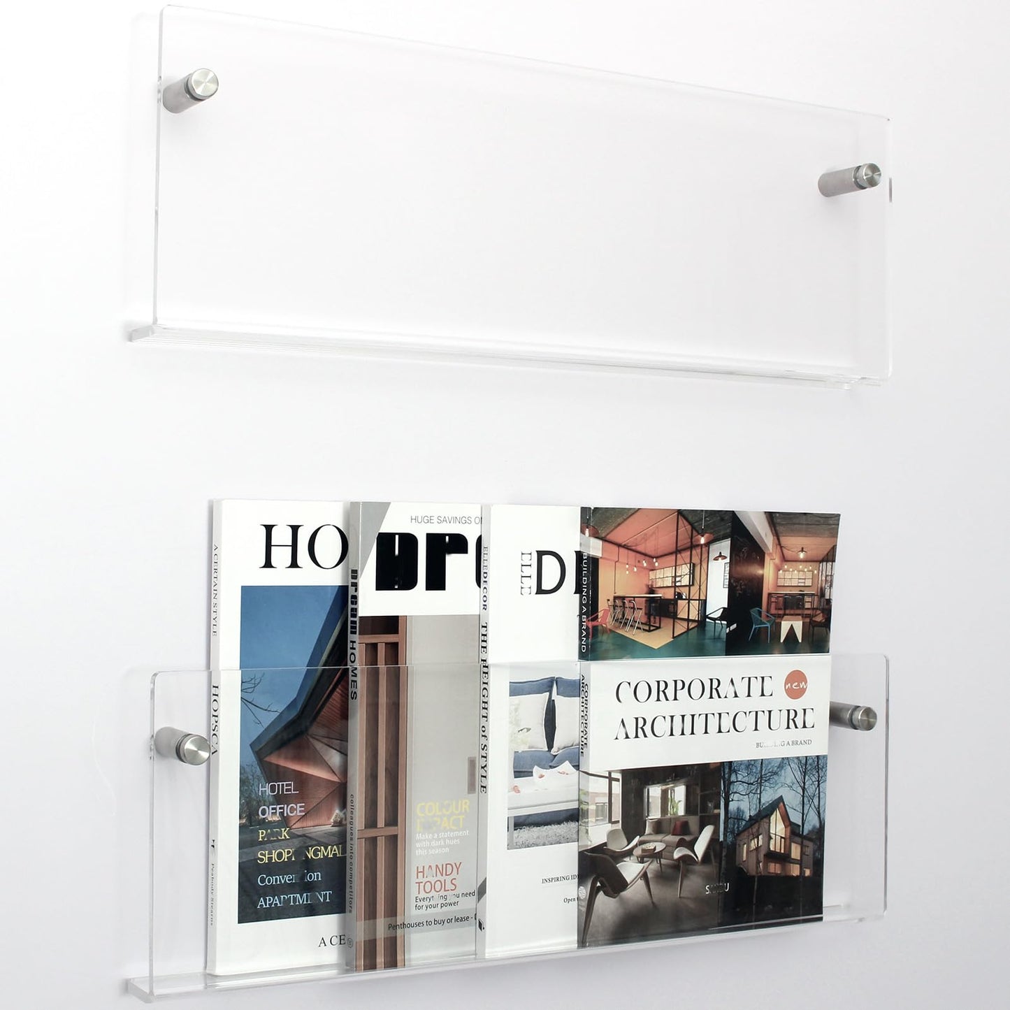 2 Pack Clear Acrylic Magazine Holder, Wall Mount Hanging Bookshelf Literature Storage Rack, Brochure File Display Shelf for Waiting Room, Living Room, Office, Home