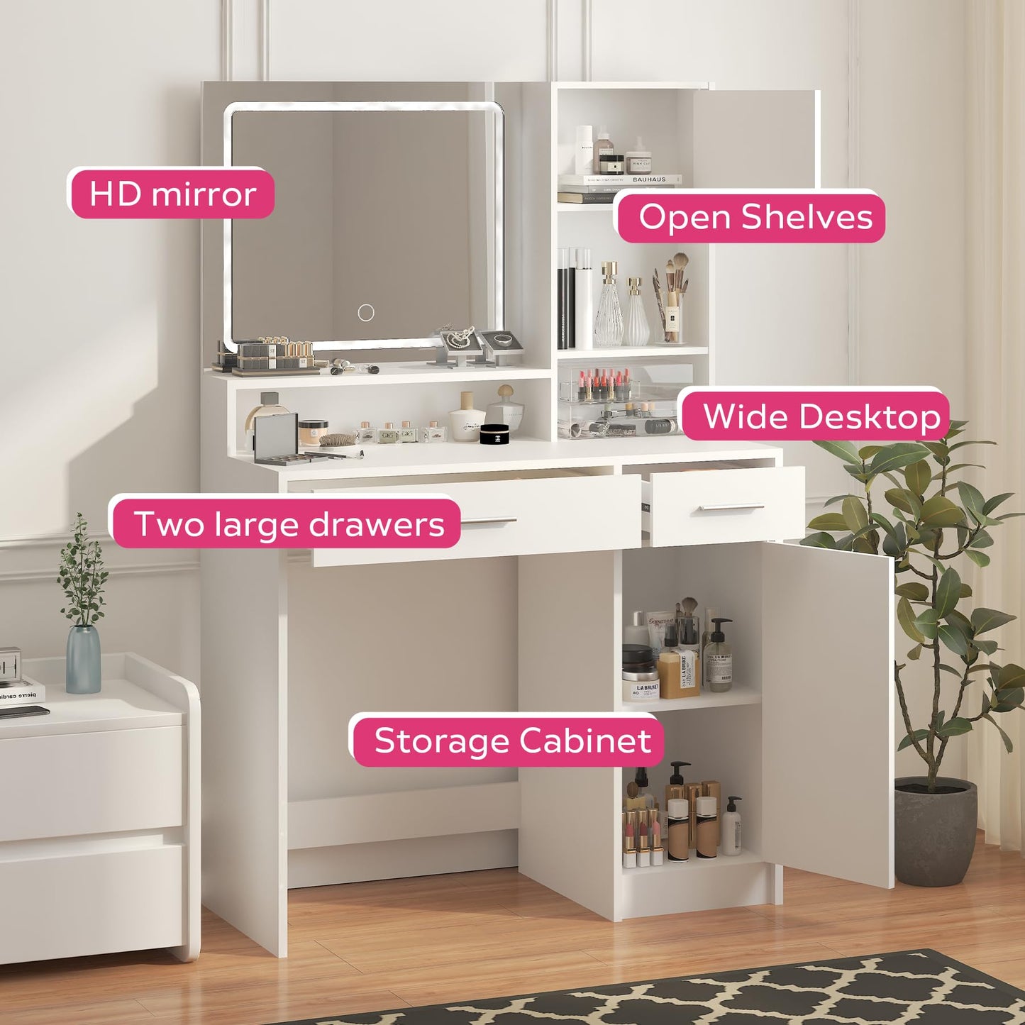 Vanity Desk with Mirror and LED Light Strip,Dressing Table with Large Drawer, 3 Level Storage Dresser & 3 Lighting Modes Adjustable Brightness, Suitable for Bedroom
