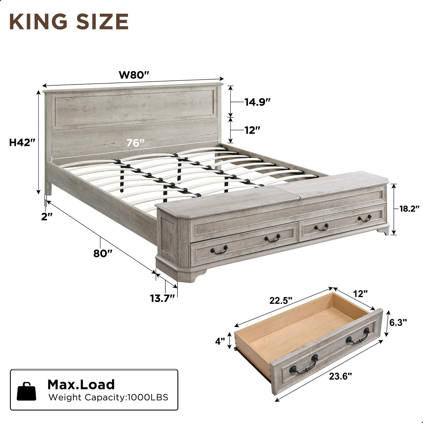 Farmhouse King Bed with Headboard and Storage Bench, Rustic Wood Platform Bed with 80" Storage Chest w/ 4 Large Drawer, Light Rustic Oak
