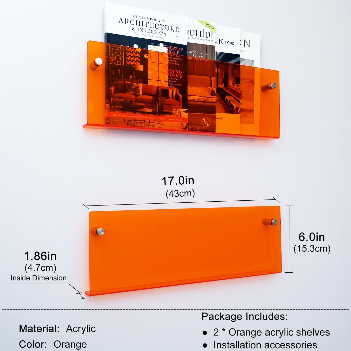 2 Pack Orange Acrylic Magazine Holder, Wall Mount Hanging Bookshelf Literature Storage Rack, Brochure File Display Shelf for Waiting Room, Living Room, Office, Home