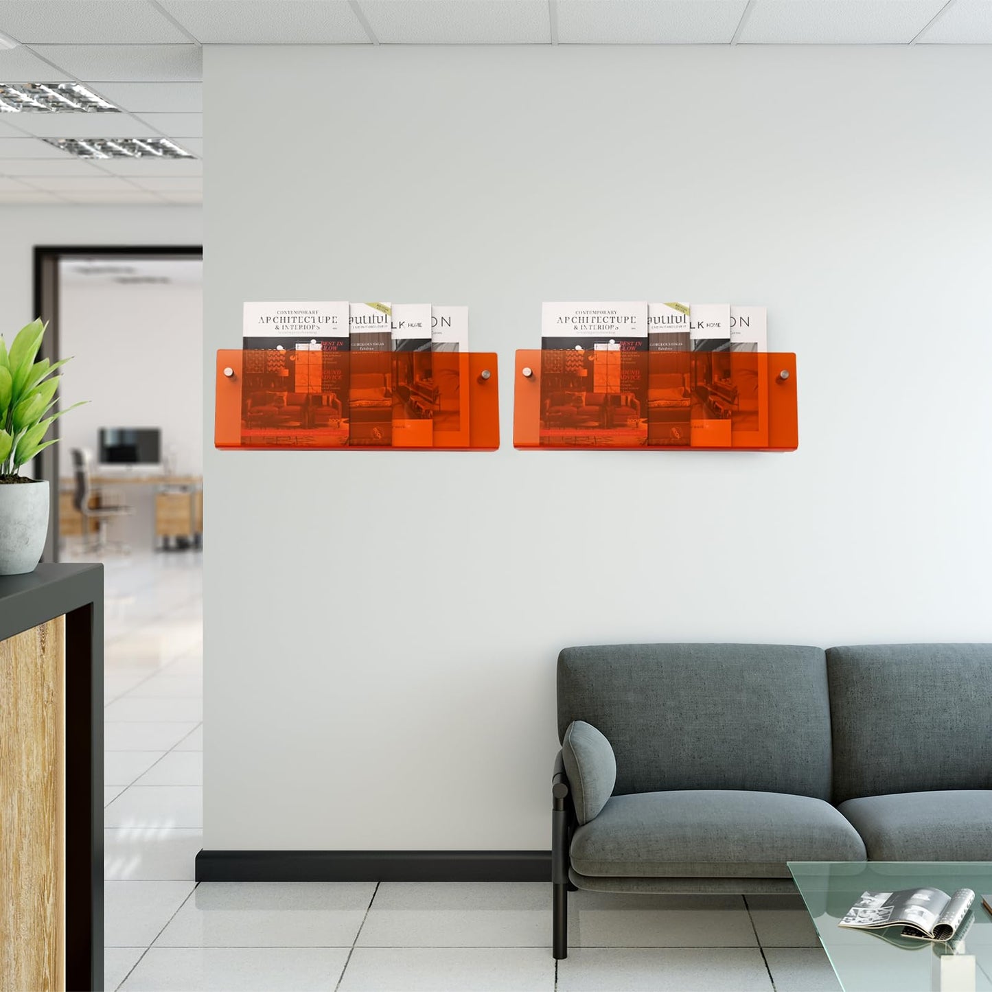 2 Pack Orange Acrylic Magazine Holder, Wall Mount Hanging Bookshelf Literature Storage Rack, Brochure File Display Shelf for Waiting Room, Living Room, Office, Home