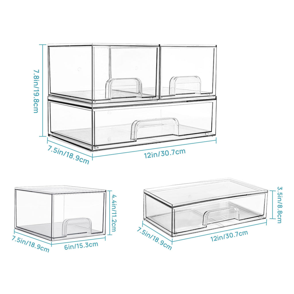 Stackable Storage Drawers Set of 3, 12" Wide and 4.4'' Tall Clear Plastic Organizer Bins for Makeup, Cosmetics, Beauty Supplies