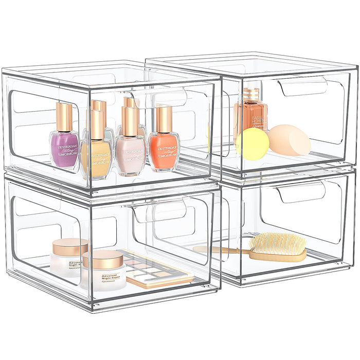 4 Pack Stackable Plastic Makeup Organizer Drawers - Acrylic Clear Storage Bins with Pull-Out Handles for Vanity, Kitchen Cabinets, Pantry