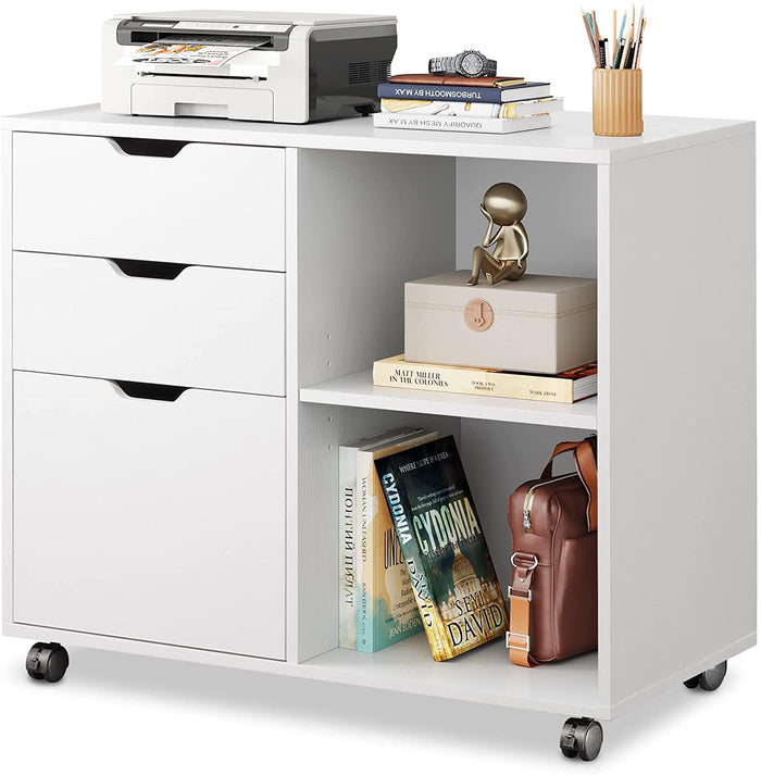 3-Drawer Wood File Cabinet, Mobile Lateral Filing Cabinet, Printer Stand with Open Storage Shelves for Home Office, White