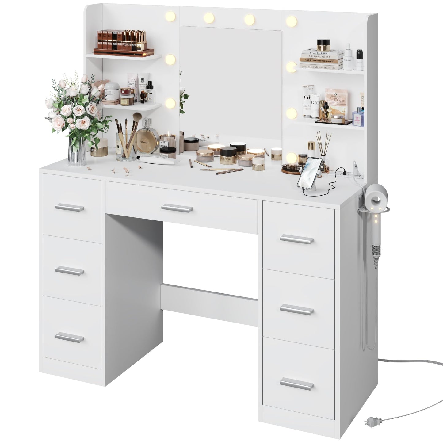Vanity Desk with Mirror, Power Outlet and 10 Lights, Makeup Table with 7 Drawers, 3 Color Modes Available for Bedroom, White