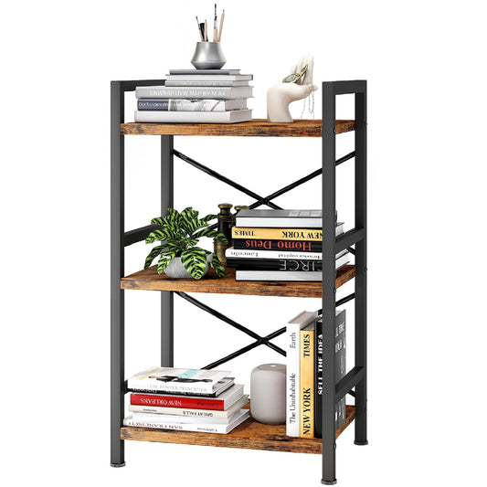 Bookshelf, 3 Tier Industrial Bookcase, Metal Small Bookcase, Rustic Etagere Book Shelf Storage Organizer for Living Room, Bedroom, and Home Office(Rustic Brown)
