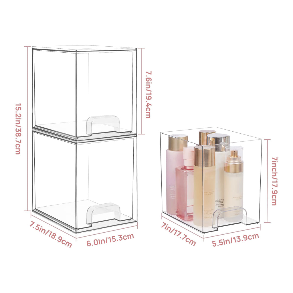 4 Pack Clear Stackable Storage Drawers,7.6" H Plastic Organizers Bins for Skincare, Bathroom Supplies,Ideal for Cabinet,Undersink,Vanity,Kitchen,Pantry Organization