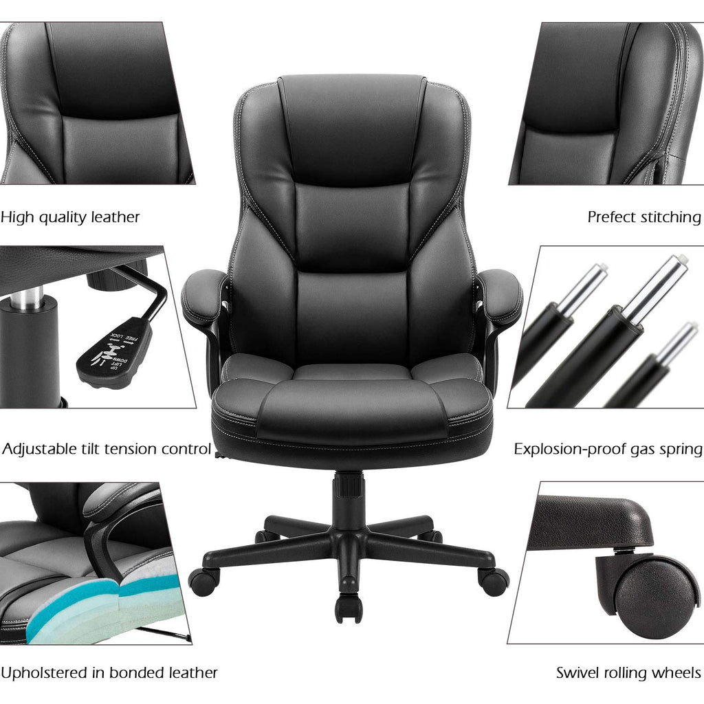 Office Executive Chair High Back Adjustable Managerial Home Desk Chair, Swivel Computer PU Leather Chair with Lumbar Support (Black)