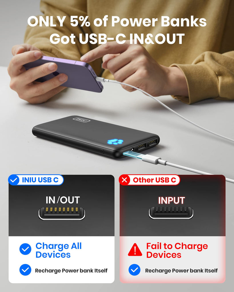 Portable Charger, Slimmest 10000mAh 5V/3A Power Bank, USB C in&out High-Speed Charging Battery Pack, External Phone Powerbank Compatible with iPhone 16 15 14 13 12 Samsung S22 S21 Google iPad etc