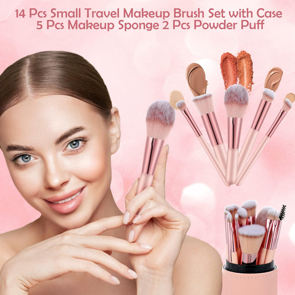 14 Pcs Small Travel Makeup Brush Set Portable Pink Make up Brushes with Case,5 Pcs Makeup Sponge,Valentine's Day Gift,Mother's Day Gift for Foundation Powder Concealers Eye Shadows(Pink)