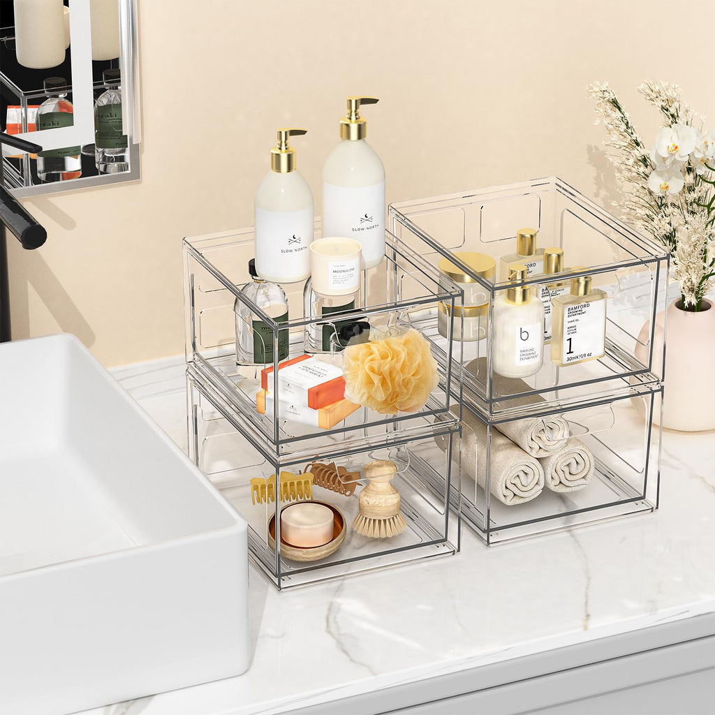 4 Pack Stackable Plastic Makeup Organizer Drawers - Acrylic Clear Storage Bins with Pull-Out Handles for Vanity, Kitchen Cabinets, Pantry