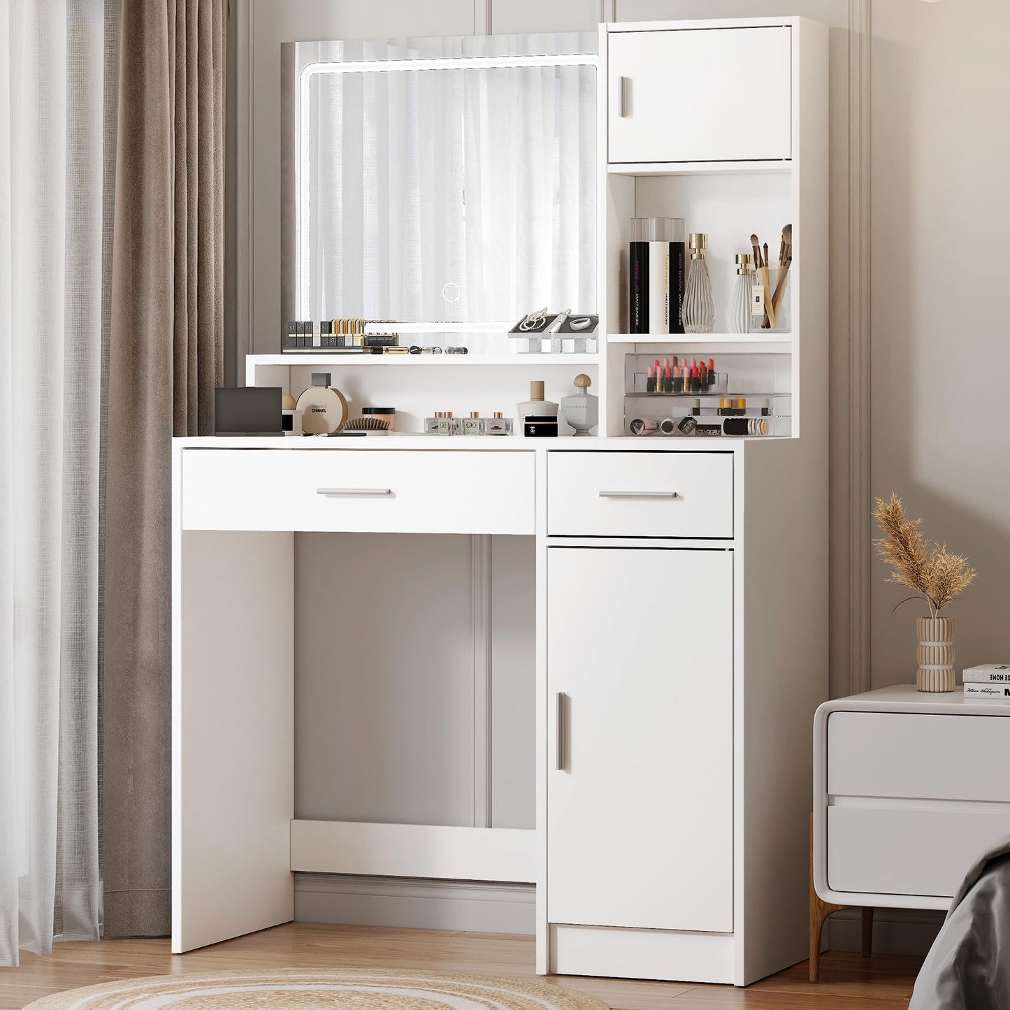 Vanity Desk with Mirror and LED Light Strip,Dressing Table with Large Drawer, 3 Level Storage Dresser & 3 Lighting Modes Adjustable Brightness, Suitable for Bedroom