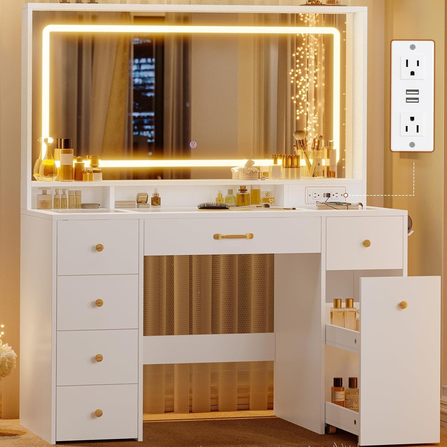 Makeup Vanity & Lighted Mirror, Vanity Desk with Power Strip, Adjustable Lighting, 7 Drawers, Dressing Room, Ivory