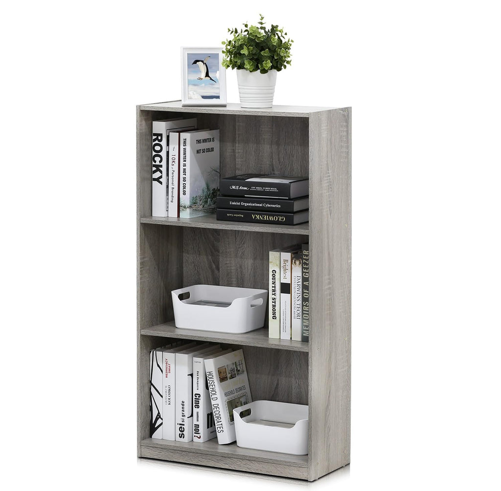 Basic 3-Tier Bookcase Storage Shelves, French Oak Grey