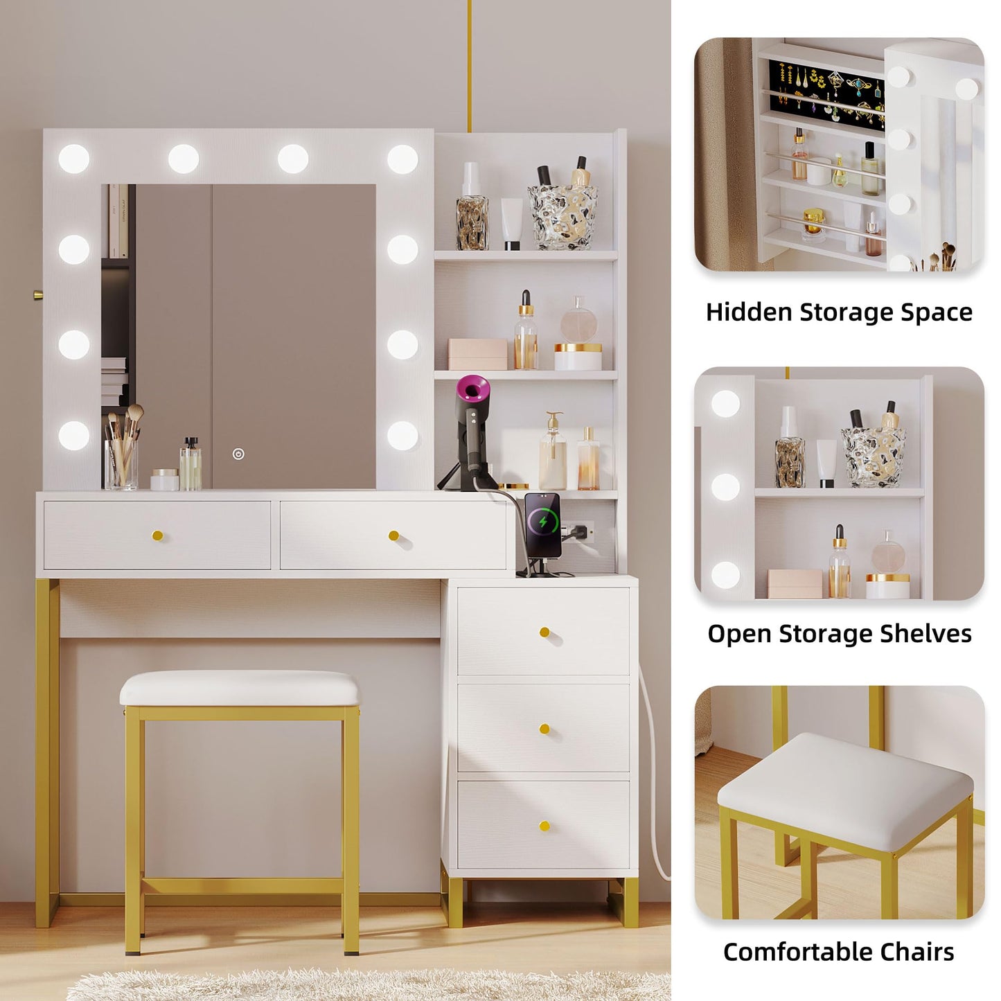 Vanity Desk with Mirror & Power Outlet, Luxury Vanity Table Set with Hidden Jewelry Storage, Big Makeup Desk with 5 Drawers, Dressing Table with Cushion Stool, 3 Lighting Color Modes, White