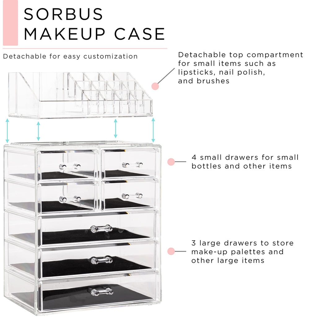 Clear Cosmetic Makeup Organizer - Make Up & Jewelry Storage, Case & Display - Spacious Design - (3 Large, 4 Small Drawers)