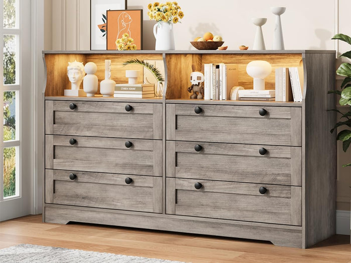 Grey Dresser for Bedroom with Power Outlet, Modern 6 Drawer Dresser Wooden with LED Light, Large Capacity Storage Dressers Bedroom, Tv Stand Dresser for Bedroom with Large Drawer, Handles