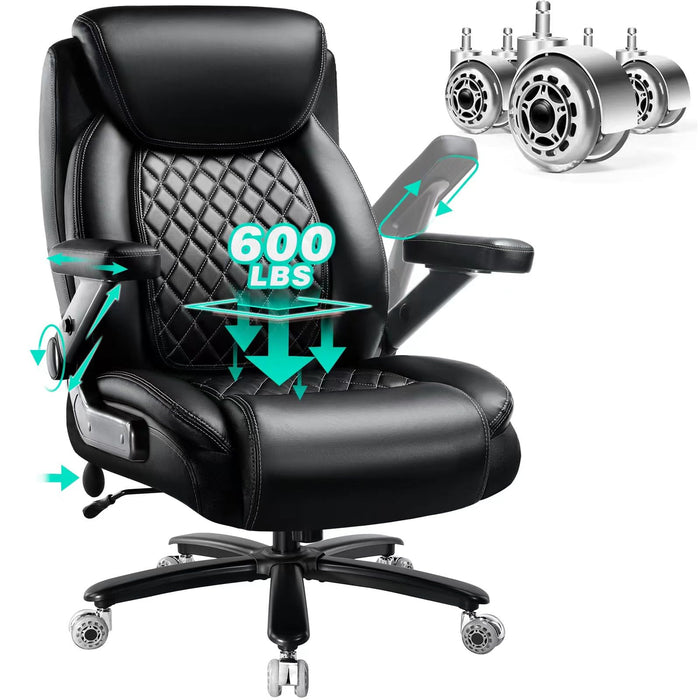 600LBS Large Heavy Duty Office Chair with 5D Flip Arms, Big and Tall Office Chair with Pocket Spring Cushion, Extra Wide Office Chair with Adjustable Lumbar Support,Dual Rubber Wheel