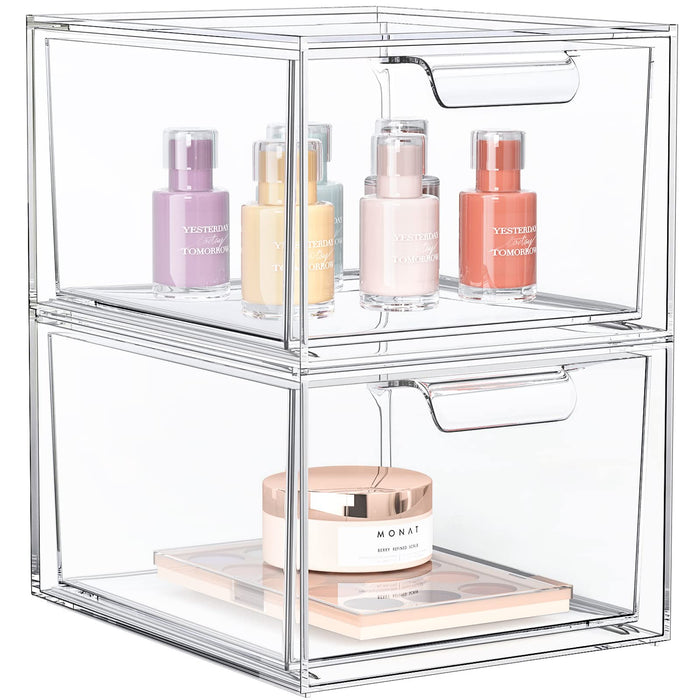 2 Pack Stackable Makeup Organizer and Storage, Acrylic Organizers，Clear Plastic Storage Drawer with Handles for Vanity, Undersink, Kitchen Cabinets, Pantry