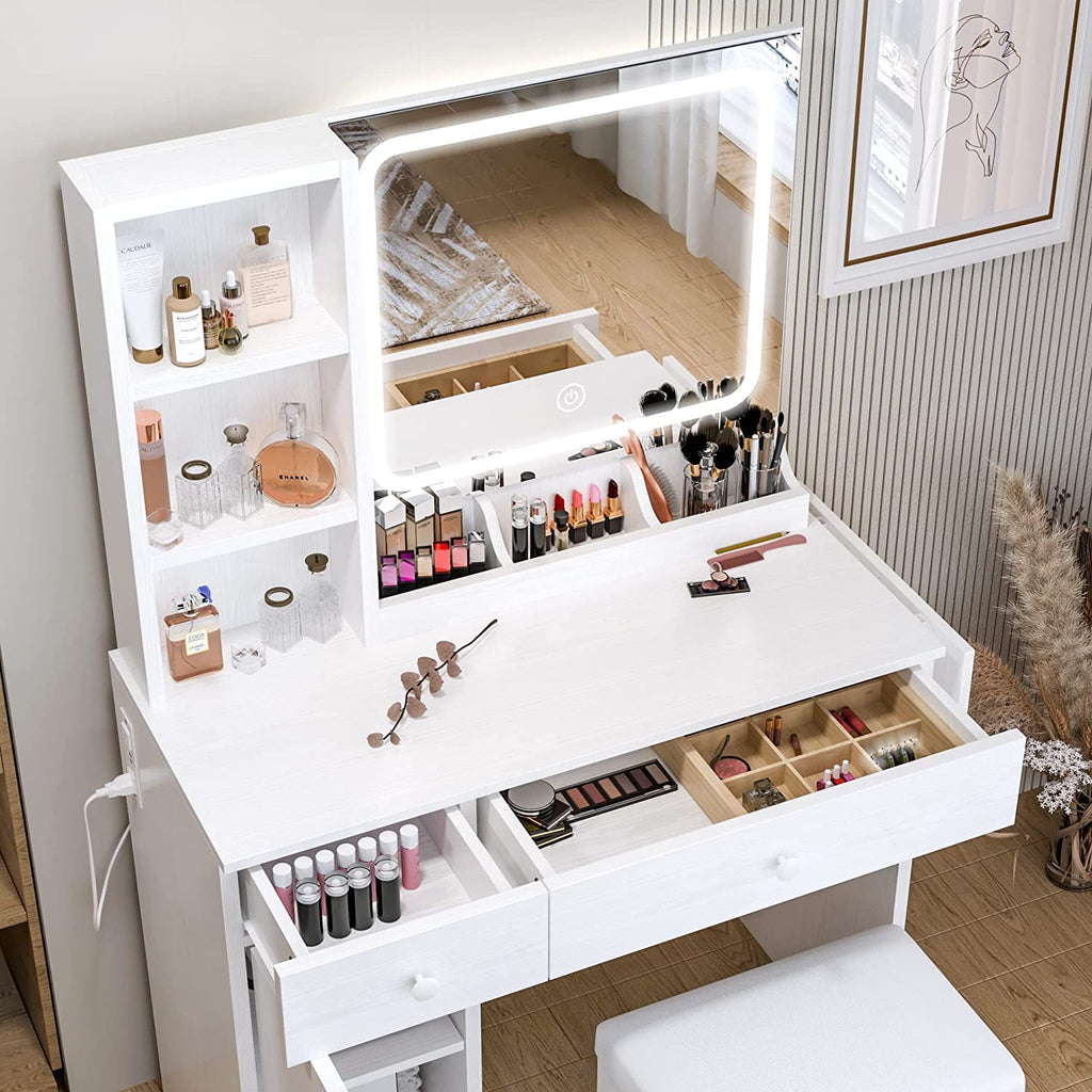 Vanity Desk with LED Lighted Mirror & Power Outlet, Makeup Table with Drawers & Cabinet,Storage Stool,for Bedroom, White