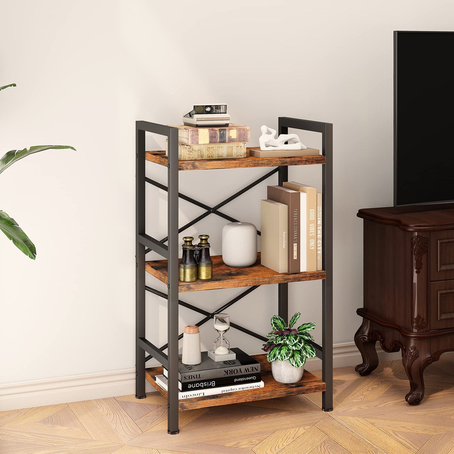Bookshelf, 3 Tier Industrial Bookcase, Metal Small Bookcase, Rustic Etagere Book Shelf Storage Organizer for Living Room, Bedroom, and Home Office(Rustic Brown)