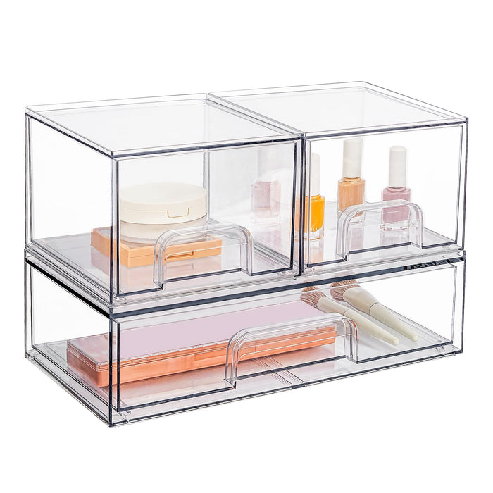 Stackable Storage Drawers Set of 3, 12" Wide and 4.4'' Tall Clear Plastic Organizer Bins for Makeup, Cosmetics, Beauty Supplies