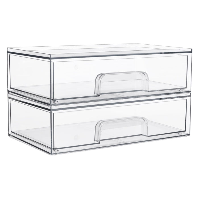 12''W Clear Stackable Storage Drawers,2 Pack Acrylic Plastic Organizers Bins for Makeup Palettes, Cosmetics, and Beauty Supplies,Ideal for Vanity, Bathroom,Cabinet,Desk Organization