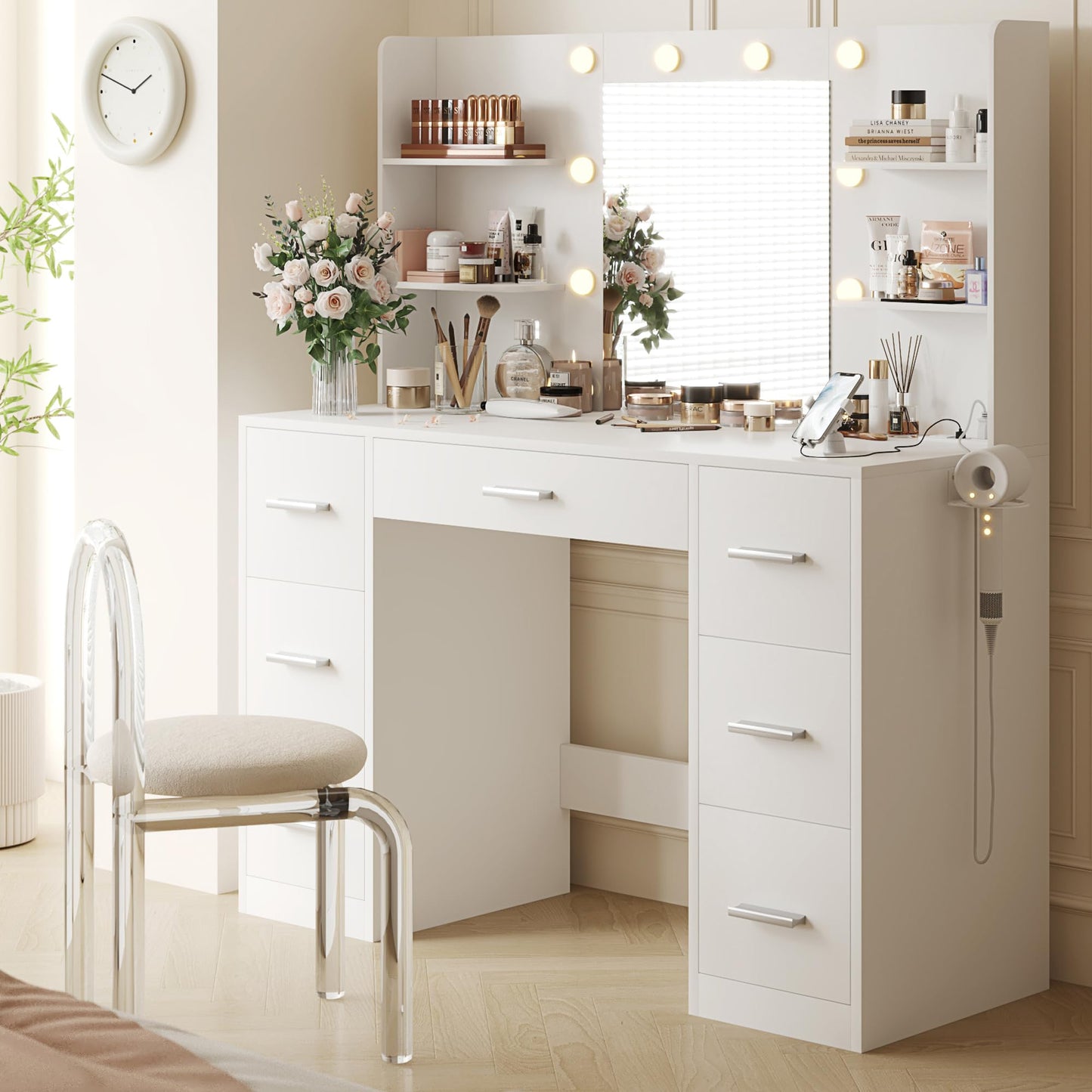 Vanity Desk with Mirror, Power Outlet and 10 Lights, Makeup Table with 7 Drawers, 3 Color Modes Available for Bedroom, White