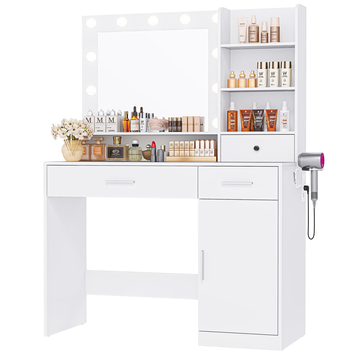 Vanity Desk with Adjustable Lighten Mirror & Power Outlet, Makeup Desk for Bedroom with a Storage Stool and 3 Drawers, 4 Storage Shelves, White Dresser for Girls