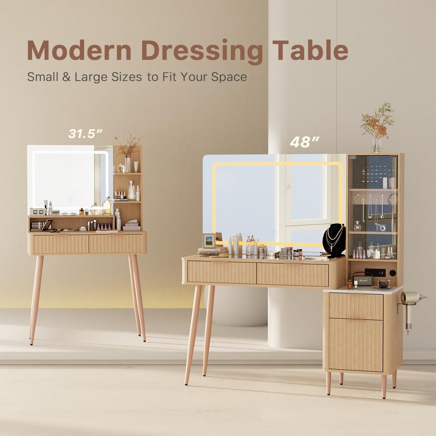 Fluted Makeup Vanity Desk with Mirror and Lights, 3 Color Modes & Adjustable Brightness Dressing Table, Large Vanity Table Set with 3 Drawers & Storage Cabinet for Bedroom, Oak 48"