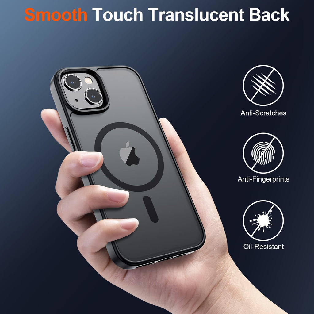 Magnetic for iPhone 14 Case & iPhone 13 Case (Compatible with MagSafe)(Military Grade Drop Protection) Slim Translucent Matte Shockproof Phone Cover,Black