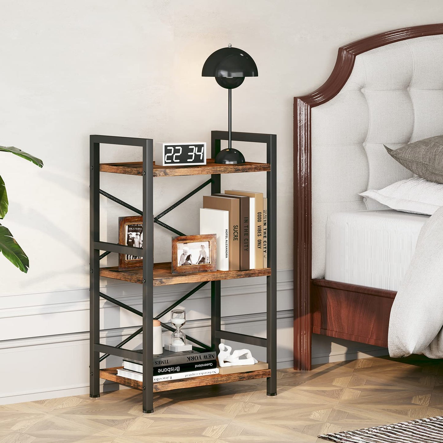 Bookshelf, 3 Tier Industrial Bookcase, Metal Small Bookcase, Rustic Etagere Book Shelf Storage Organizer for Living Room, Bedroom, and Home Office(Rustic Brown)