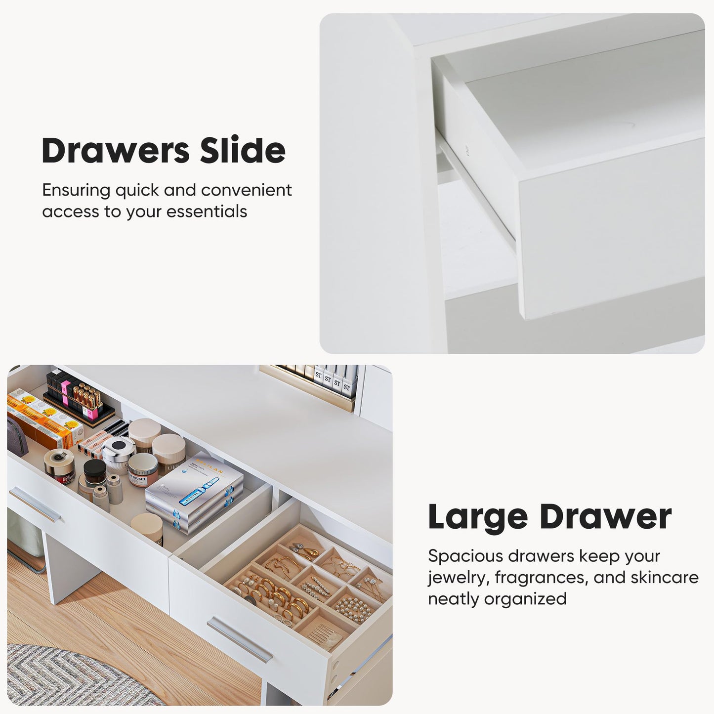 Vanity Desk with Adjustable Lighten Mirror & Power Outlet, Makeup Desk for Bedroom with a Storage Stool and 3 Drawers, 4 Storage Shelves, White Dresser for Girls