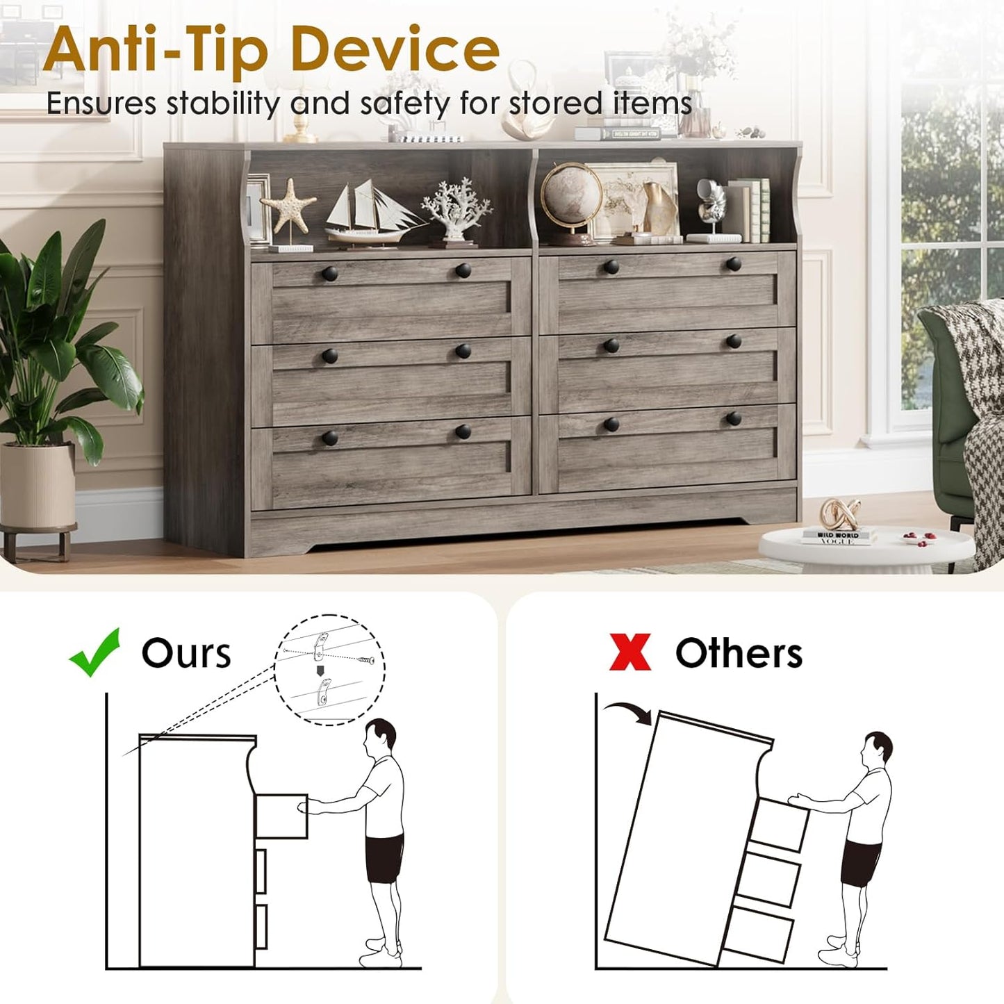 Grey Dresser for Bedroom with Power Outlet, Modern 6 Drawer Dresser Wooden with LED Light, Large Capacity Storage Dressers Bedroom, Tv Stand Dresser for Bedroom with Large Drawer, Handles