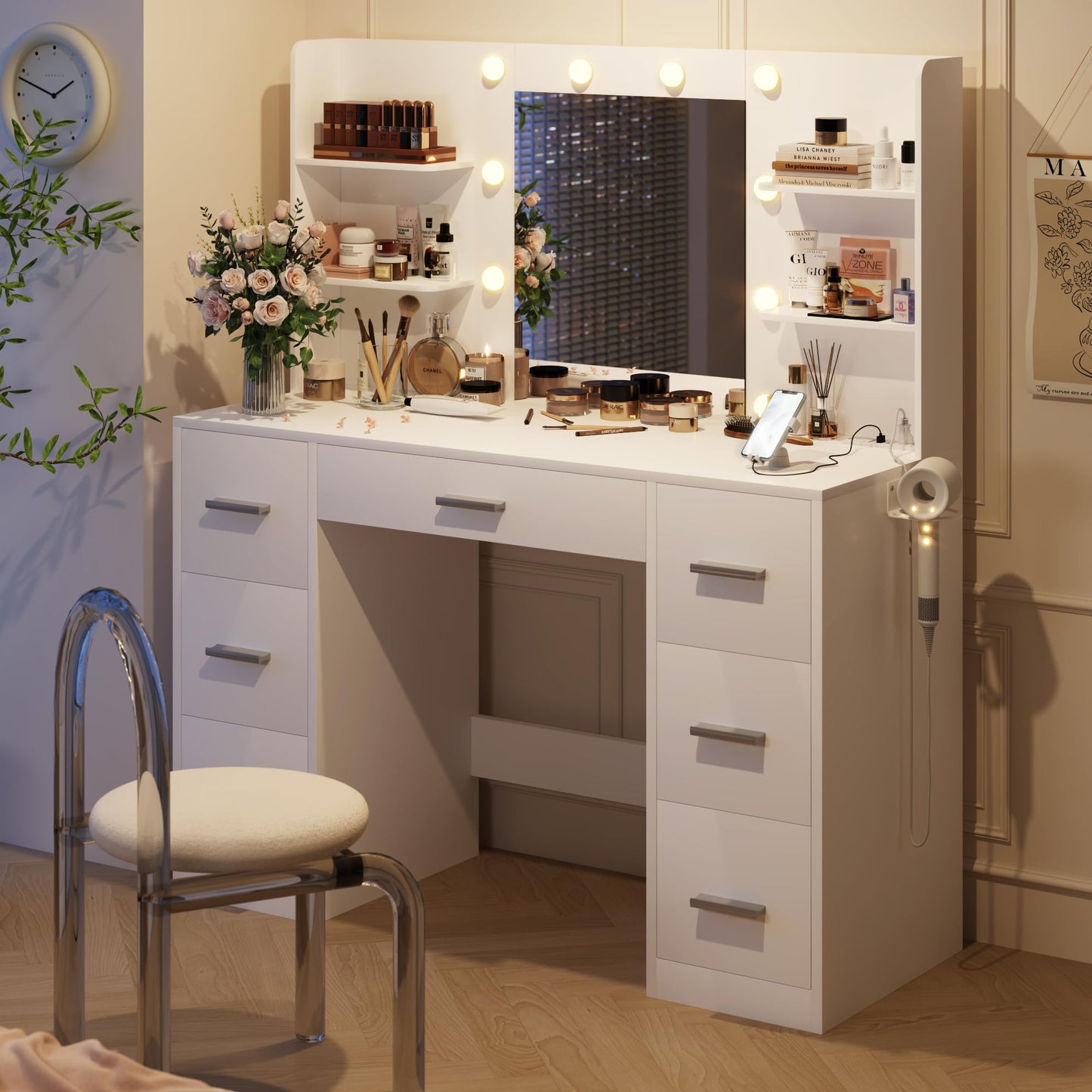 Vanity Desk with Mirror, Power Outlet and 10 Lights, Makeup Table with 7 Drawers, 3 Color Modes Available for Bedroom, White