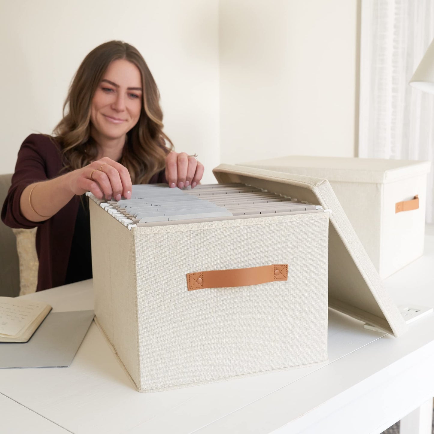 Decorative File Organizer Box Set of 2 - Collapsible Linen Filing Cabinets w/Handles Are Perfect to Store all Your Documents & Hanging File Folders - Portable Easy Slide Crates with Lid