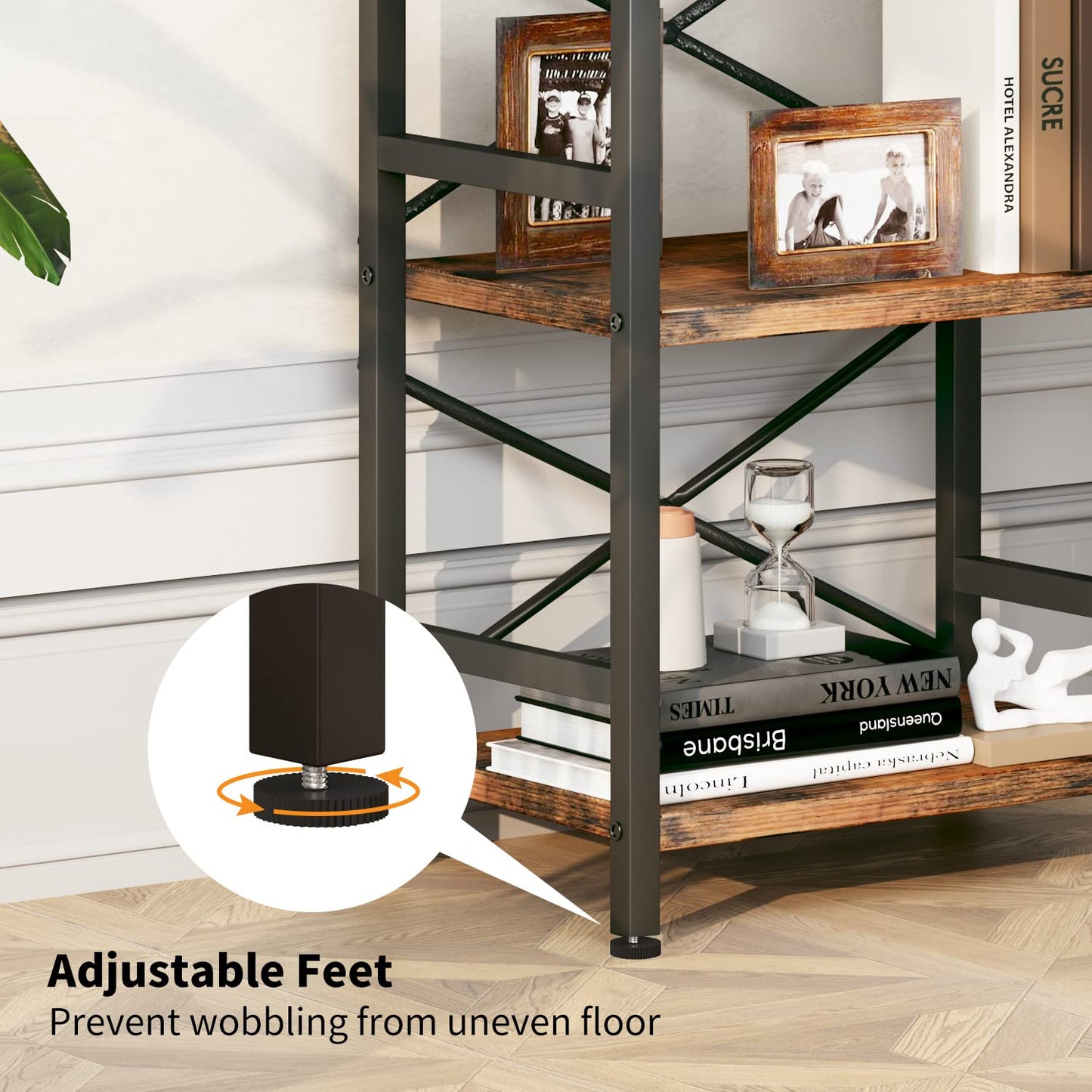 Bookshelf, 3 Tier Industrial Bookcase, Metal Small Bookcase, Rustic Etagere Book Shelf Storage Organizer for Living Room, Bedroom, and Home Office(Rustic Brown)