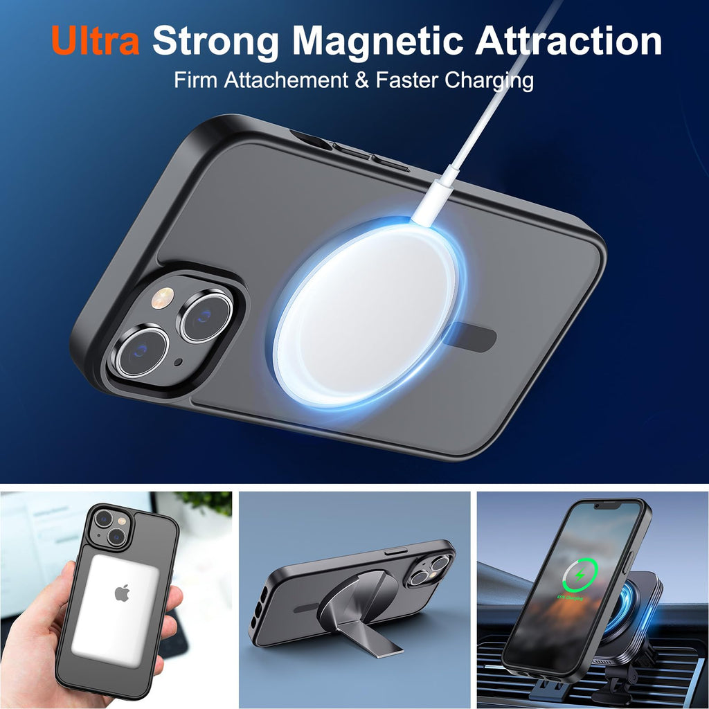 Magnetic for iPhone 14 Case & iPhone 13 Case (Compatible with MagSafe)(Military Grade Drop Protection) Slim Translucent Matte Shockproof Phone Cover,Black