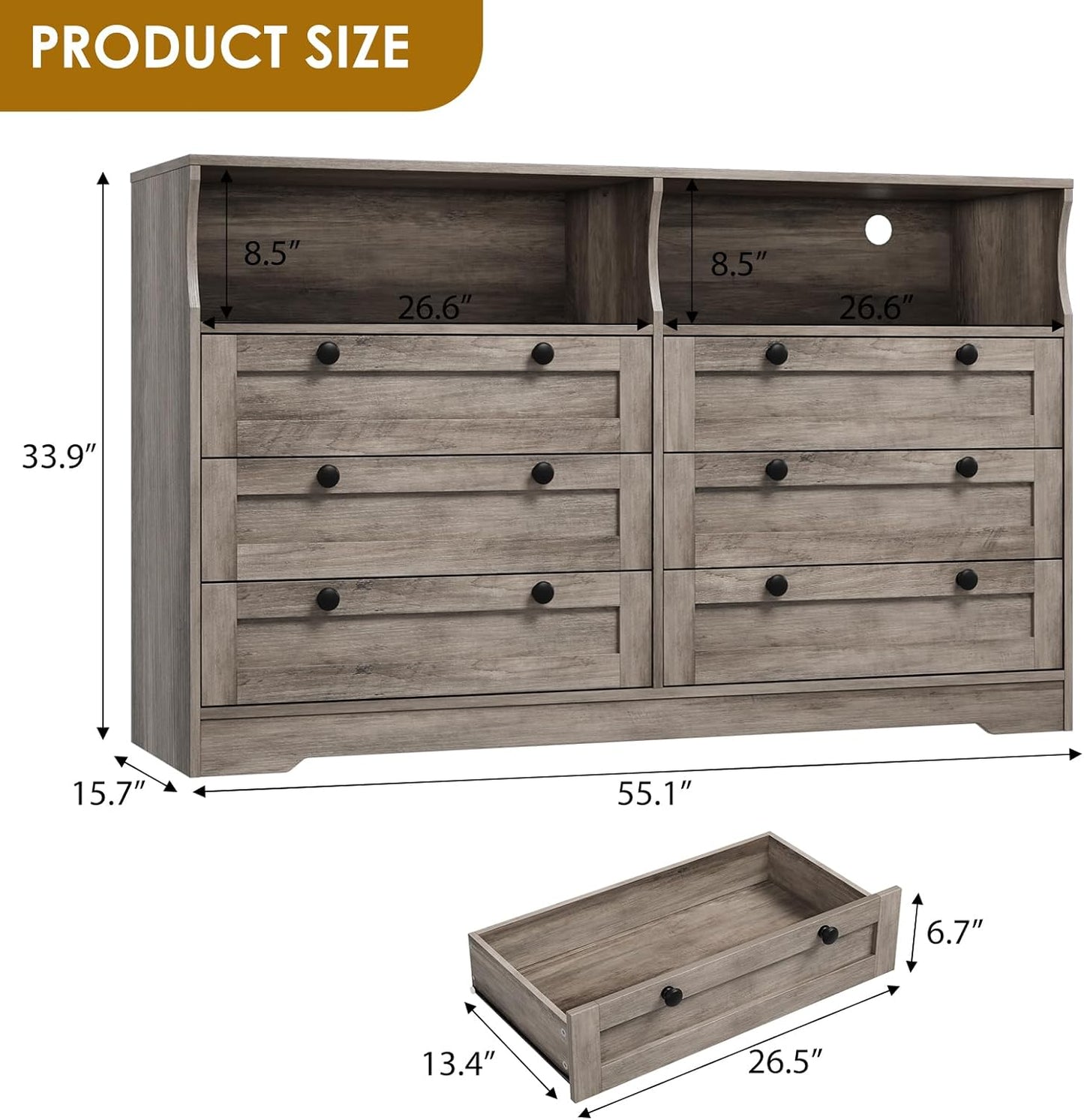 Grey Dresser for Bedroom with Power Outlet, Modern 6 Drawer Dresser Wooden with LED Light, Large Capacity Storage Dressers Bedroom, Tv Stand Dresser for Bedroom with Large Drawer, Handles