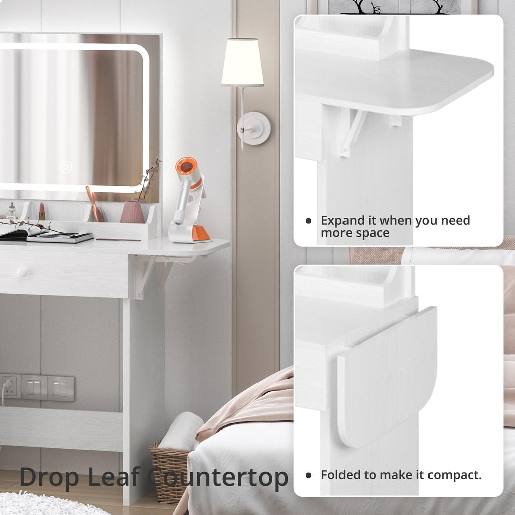 Vanity Desk with LED Lighted Mirror & Power Outlet, Makeup Table with Drawers & Cabinet,Storage Stool,for Bedroom, White