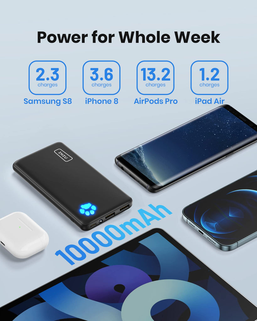 Portable Charger, Slimmest 10000mAh 5V/3A Power Bank, USB C in&out High-Speed Charging Battery Pack, External Phone Powerbank Compatible with iPhone 16 15 14 13 12 Samsung S22 S21 Google iPad etc