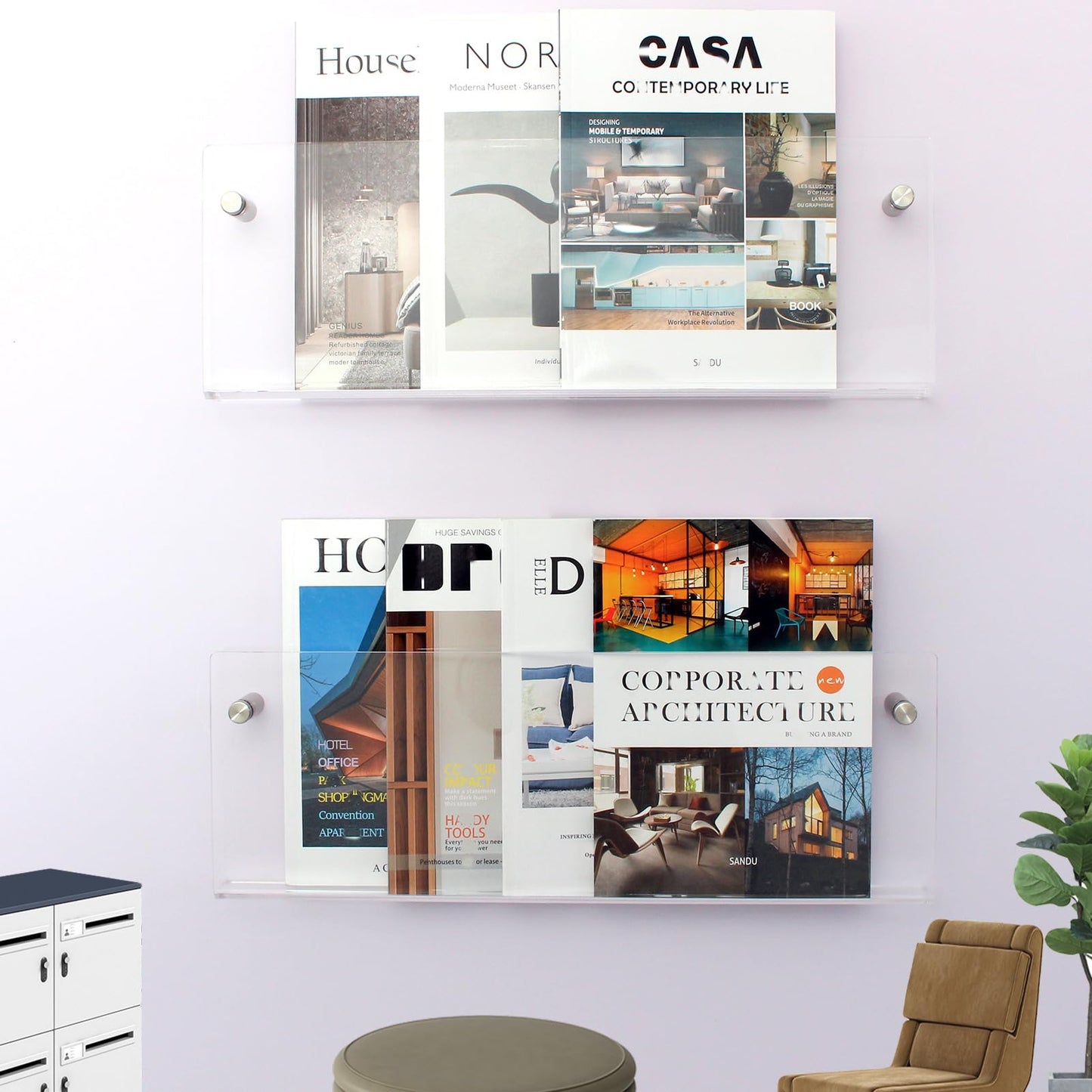 2 Pack Clear Acrylic Magazine Holder, Wall Mount Hanging Bookshelf Literature Storage Rack, Brochure File Display Shelf for Waiting Room, Living Room, Office, Home